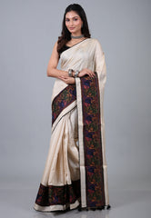 Cream Pure Tussar Kantha Silk Saree With Blouse Piece - Adi Akshoy & Co.