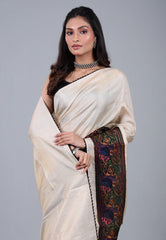 Cream Pure Tussar Kantha Silk Saree With Blouse Piece - Adi Akshoy & Co.