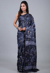 Indigo Blue Pure Tussar Dhakai Jamdani Saree with Blouse Piece - Adi Akshoy & Co.