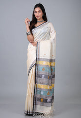Off White Pure Tussar Dhakai Jamdani Saree with Blouse Piece - Adi Akshoy & Co.