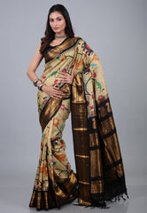 Tussar Colour Pure Kalamkari Silk Saree with Blouse Piece - Adi Akshoy & Co.