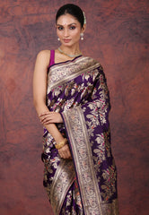 Purple Pure Meena Katan Silk Saree with Blouse Piece - Adi Akshoy & Co.