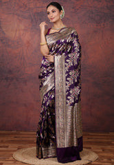 Purple Pure Meena Katan Silk Saree with Blouse Piece - Adi Akshoy & Co.