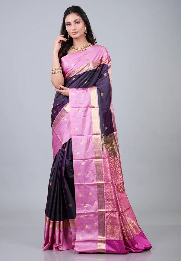 Cross Purple & Navy Blue Kanjivaram Silk Saree with Blouse Piece - Adi Akshoy & Co.