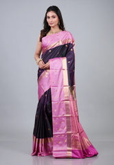 Cross Purple & Navy Blue Kanjivaram Silk Saree with Blouse Piece - Adi Akshoy & Co.