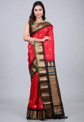 Red Pure Gadwal Silk Saree With Blouse Piece - Adi Akshoy & Co.