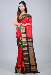 Red Pure Gadwal Silk Saree With Blouse Piece - Adi Akshoy & Co.