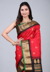 Red Pure Gadwal Silk Saree With Blouse Piece - Adi Akshoy & Co.