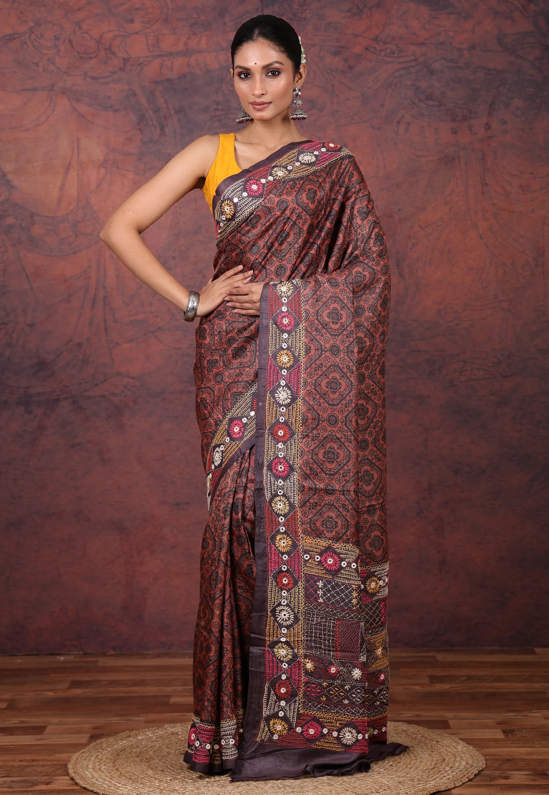 Maroon Pure Tussar Kantha Silk Saree With Blouse Piece - Adi Akshoy & Co.