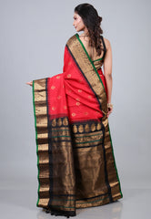 Red Pure Gadwal Silk Saree With Blouse Piece - Adi Akshoy & Co.