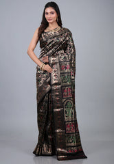 Black Brocade Pure Baluchari Silk Saree with Blouse Piece - Adi Akshoy & Co.