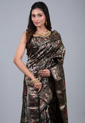 Black Brocade Pure Baluchari Silk Saree with Blouse Piece - Adi Akshoy & Co.