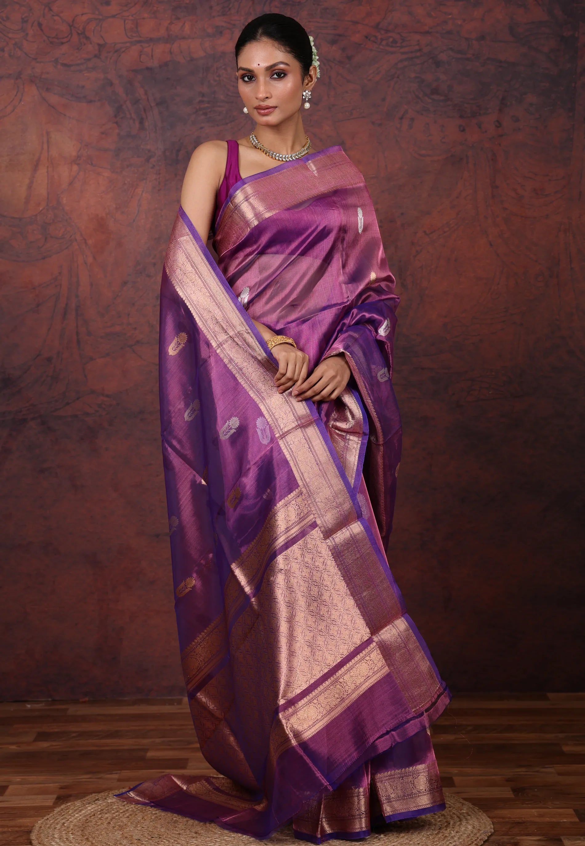 Cross Purple Tissue Katan Silk Saree with Blouse Piece - Adi Akshoy & Co.