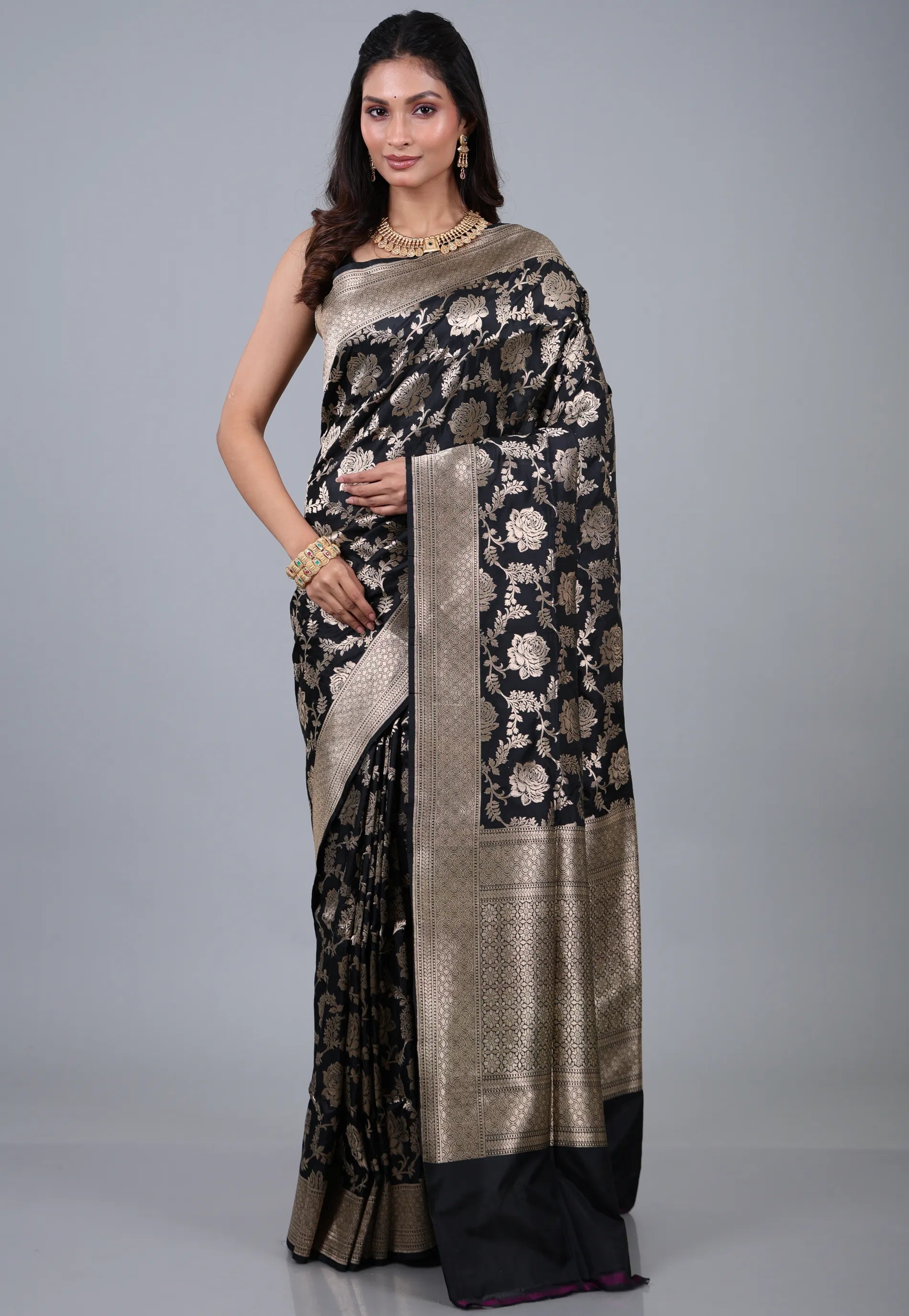 Black Pure Katan Jaal Silk Saree with Blouse Piece - Adi Akshoy & Co.