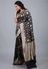 Black Pure Katan Jaal Silk Saree with Blouse Piece - Adi Akshoy & Co.