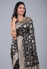 Black Pure Katan Jaal Silk Saree with Blouse Piece - Adi Akshoy & Co.