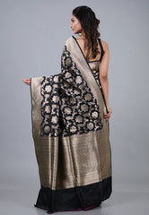 Black Pure Katan Jaal Silk Saree with Blouse Piece - Adi Akshoy & Co.