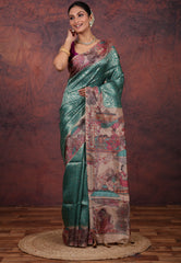 Rama Green Tussar Kalamkari Print Silk Saree with Blouse Piece - Adi Akshoy & Co.