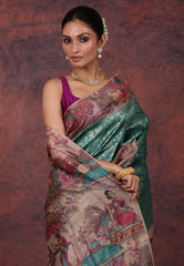 Rama Green Tussar Kalamkari Print Silk Saree with Blouse Piece - Adi Akshoy & Co.