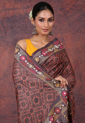 Maroon Pure Tussar Kantha Silk Saree With Blouse Piece - Adi Akshoy & Co.