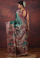 Rama Green Tussar Kalamkari Print Silk Saree with Blouse Piece - Adi Akshoy & Co.