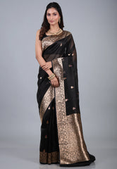 Black Pure Kora Silk Saree with Blouse Piece - Adi Akshoy & Co.