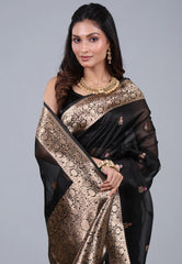 Black Pure Kora Silk Saree with Blouse Piece - Adi Akshoy & Co.