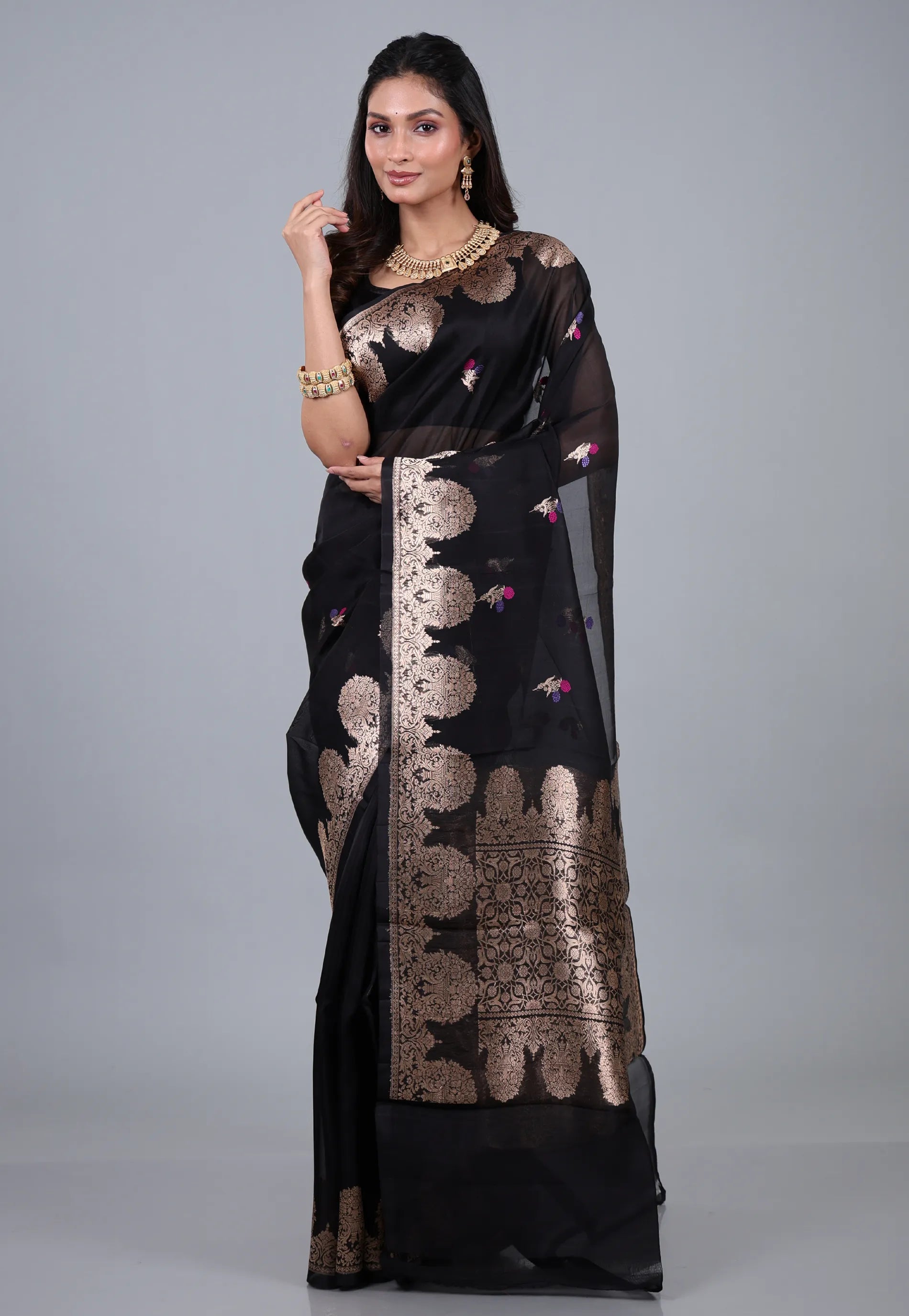 Black Pure Kora Silk Saree with Blouse Piece - Adi Akshoy & Co.