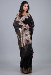 Black Pure Kora Silk Saree with Blouse Piece - Adi Akshoy & Co.