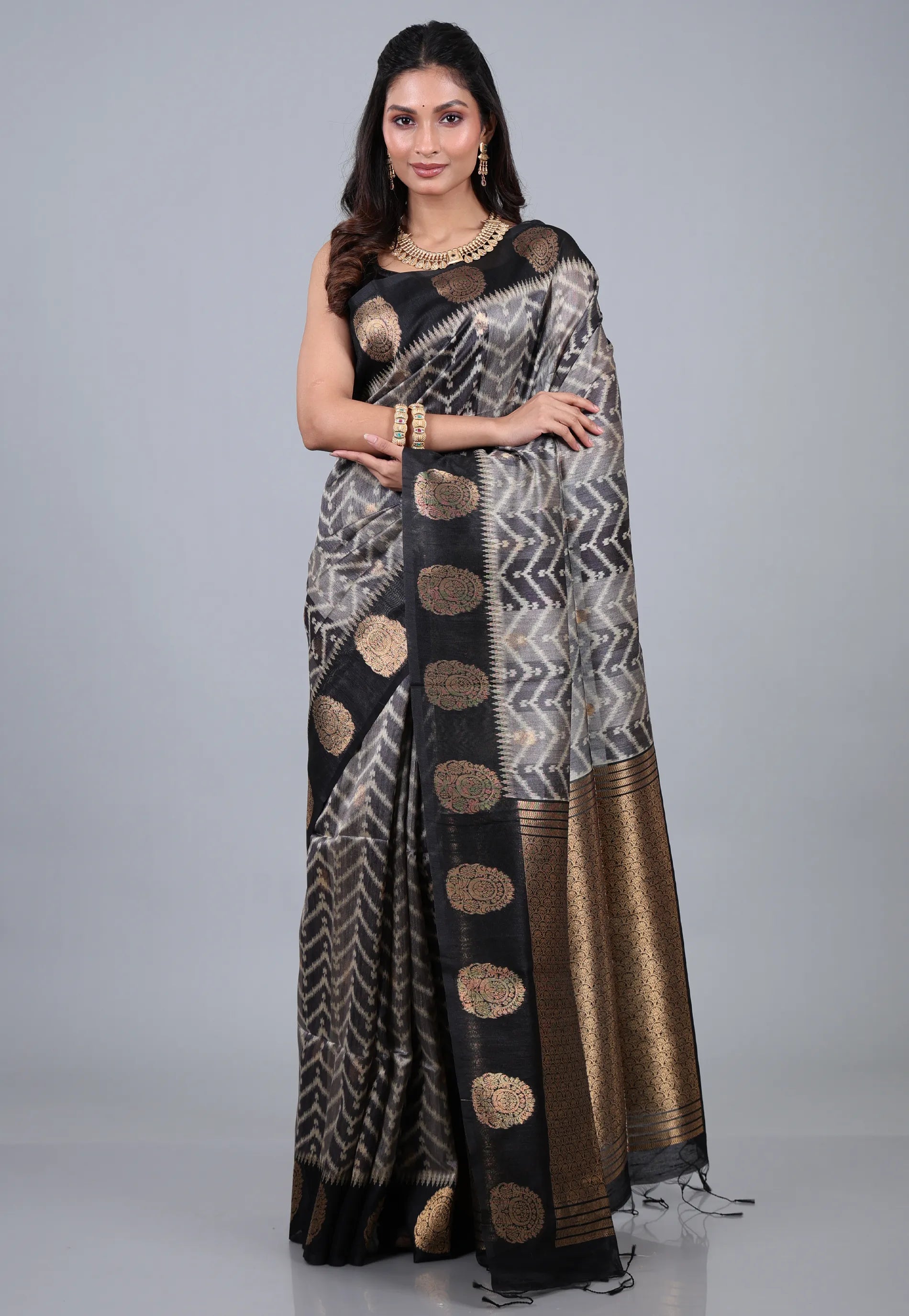 Grey & Black Tussar Kotki Print Silk Saree with Blouse Piece - Adi Akshoy & Co.