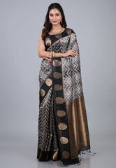 Grey & Black Tussar Kotki Print Silk Saree with Blouse Piece - Adi Akshoy & Co.