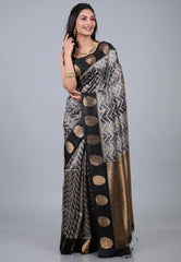Grey & Black Tussar Kotki Print Silk Saree with Blouse Piece - Adi Akshoy & Co.