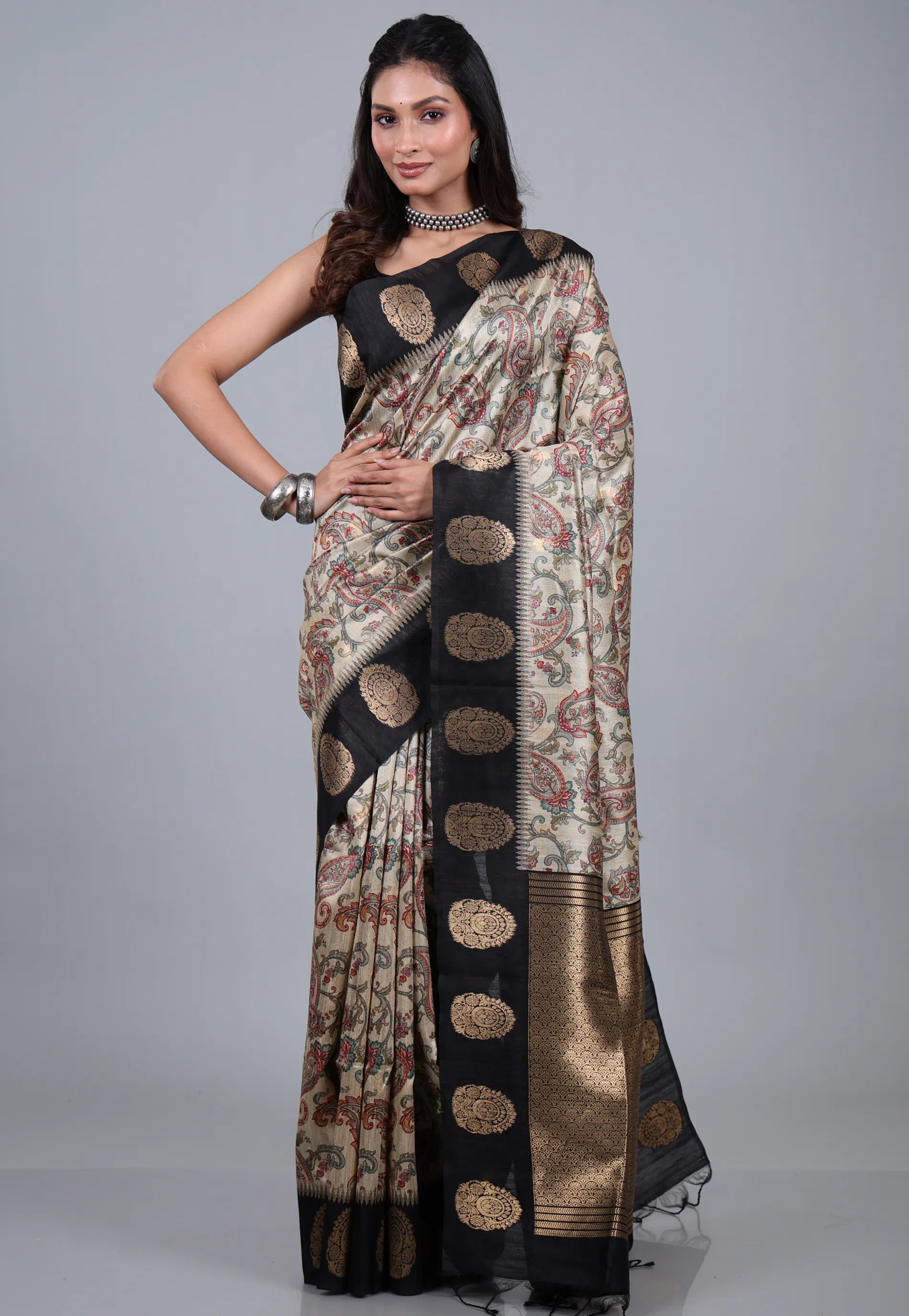 Tussar Colour Tussar Kalamkari Silk Saree with Blouse Piece - Adi Akshoy & Co.