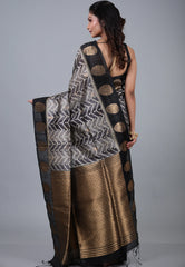 Grey & Black Tussar Kotki Print Silk Saree with Blouse Piece - Adi Akshoy & Co.