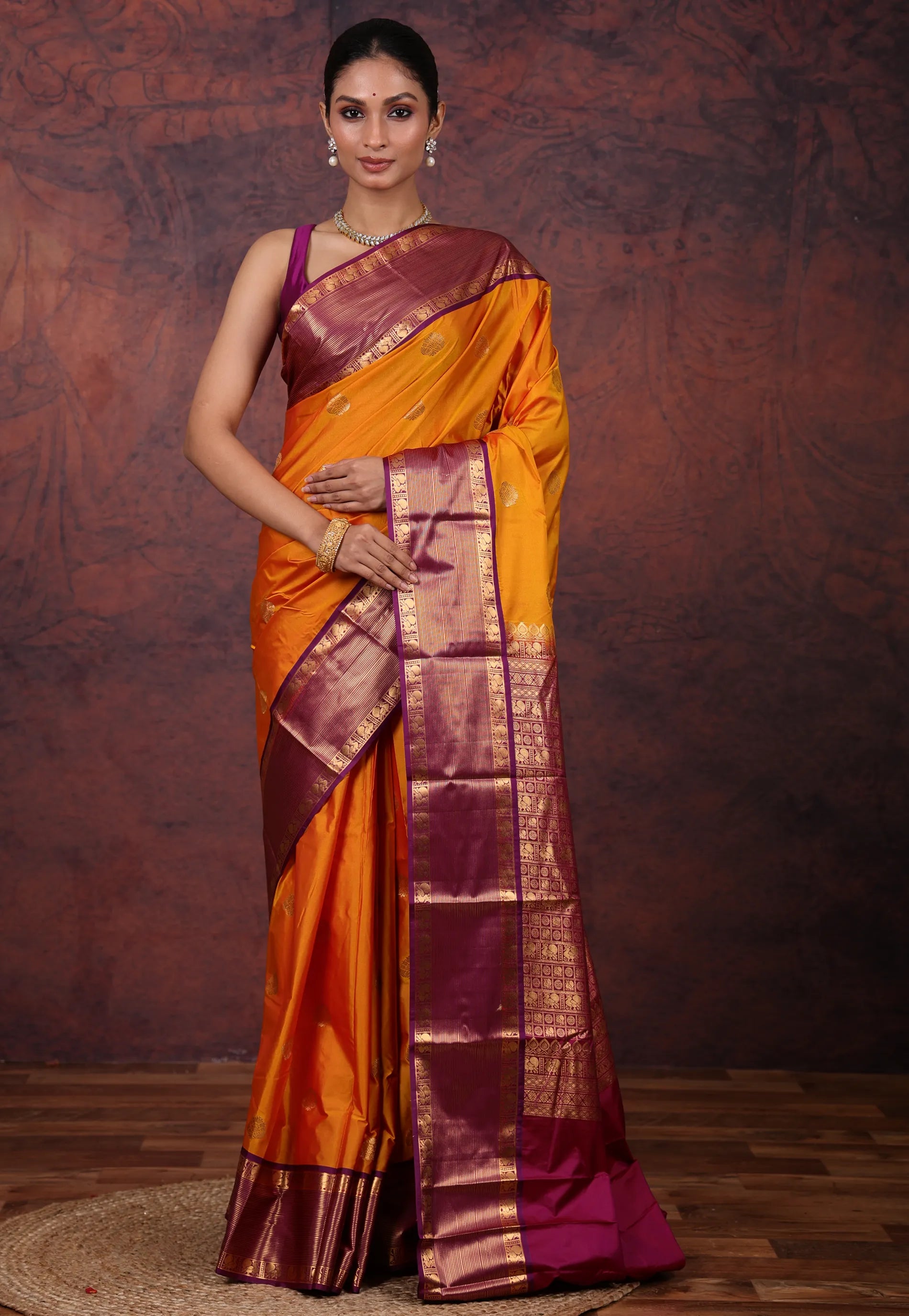 Mustard Yellow Kanjivaram Silk Saree with Blouse Piece - Adi Akshoy & Co.