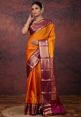 Mustard Yellow Kanjivaram Silk Saree with Blouse Piece - Adi Akshoy & Co.