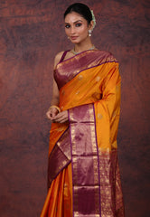 Mustard Yellow Kanjivaram Silk Saree with Blouse Piece - Adi Akshoy & Co.