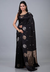 Black Pure Katan Silk Saree with Blouse Piece - Adi Akshoy & Co.
