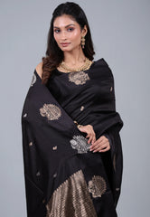 Black Pure Katan Silk Saree with Blouse Piece - Adi Akshoy & Co.