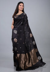 Black Pure Katan Silk Saree with Blouse Piece - Adi Akshoy & Co.