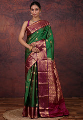 Cross Green Kanjivaram Silk Saree with Blouse Piece - Adi Akshoy & Co.
