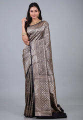 Deep Navy Blue Shikargah Katan Silk Saree With Blouse Piece - Adi Akshoy & Co.