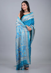Feroza Blue Pure Tussar Kantha Silk Saree With Blouse Piece - Adi Akshoy & Co.
