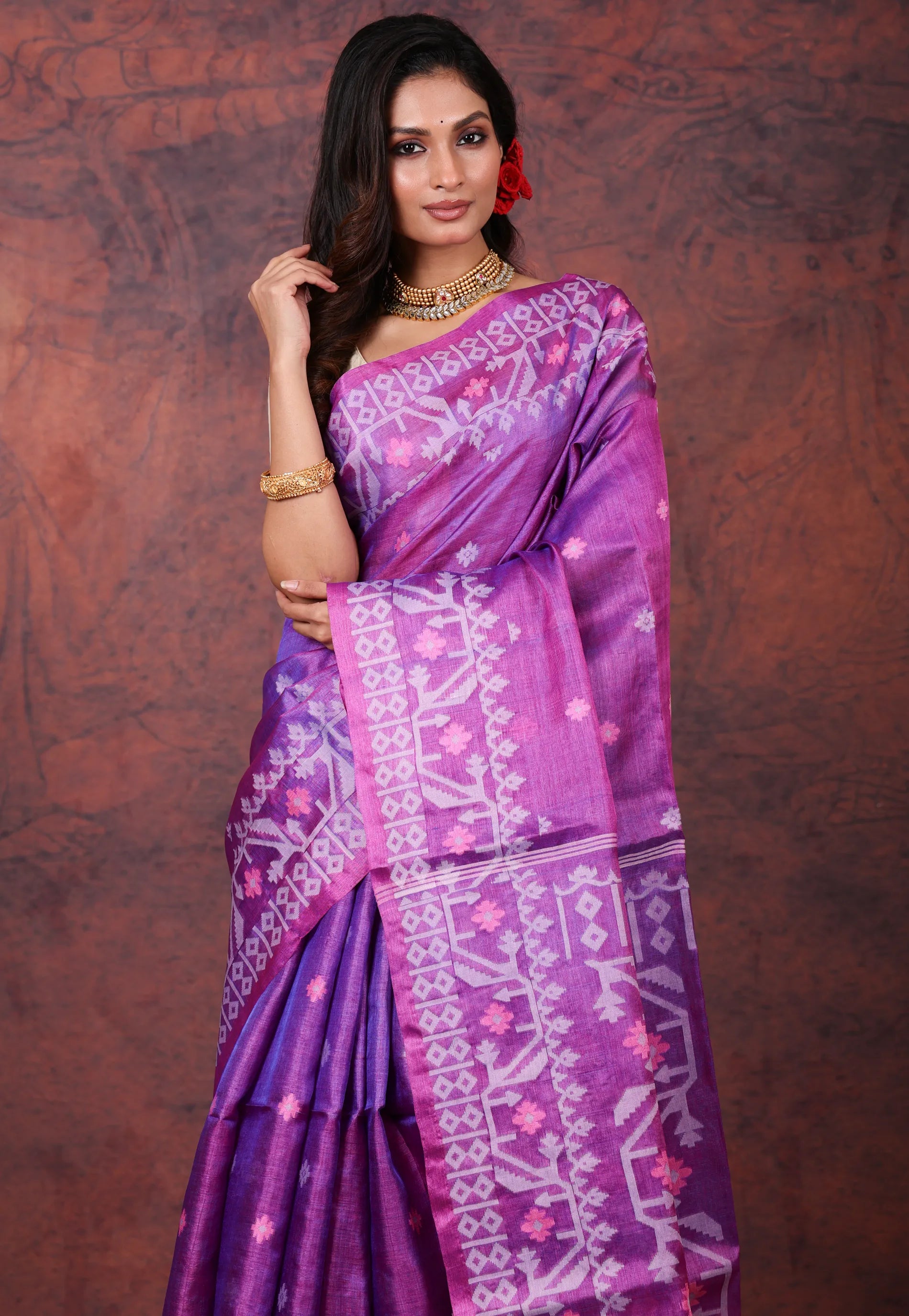 Purple Pure Tussar Dhakai Jamdani Saree with Blouse Piece - Adi Akshoy & Co.