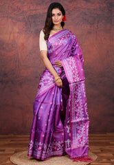 Purple Pure Tussar Dhakai Jamdani Saree with Blouse Piece - Adi Akshoy & Co.