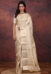 Beige Pure Kanjivaram Silk Saree with Blouse Piece - Adi Akshoy & Co.