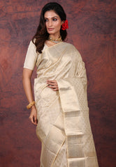 Beige Pure Kanjivaram Silk Saree with Blouse Piece - Adi Akshoy & Co.