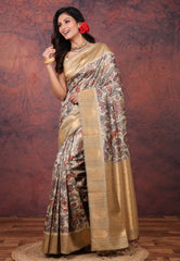 Tussar Colour Tussar Kalamkari Silk Saree with Blouse Piece - Adi Akshoy & Co.