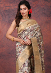 Tussar Colour Tussar Kalamkari Silk Saree with Blouse Piece - Adi Akshoy & Co.