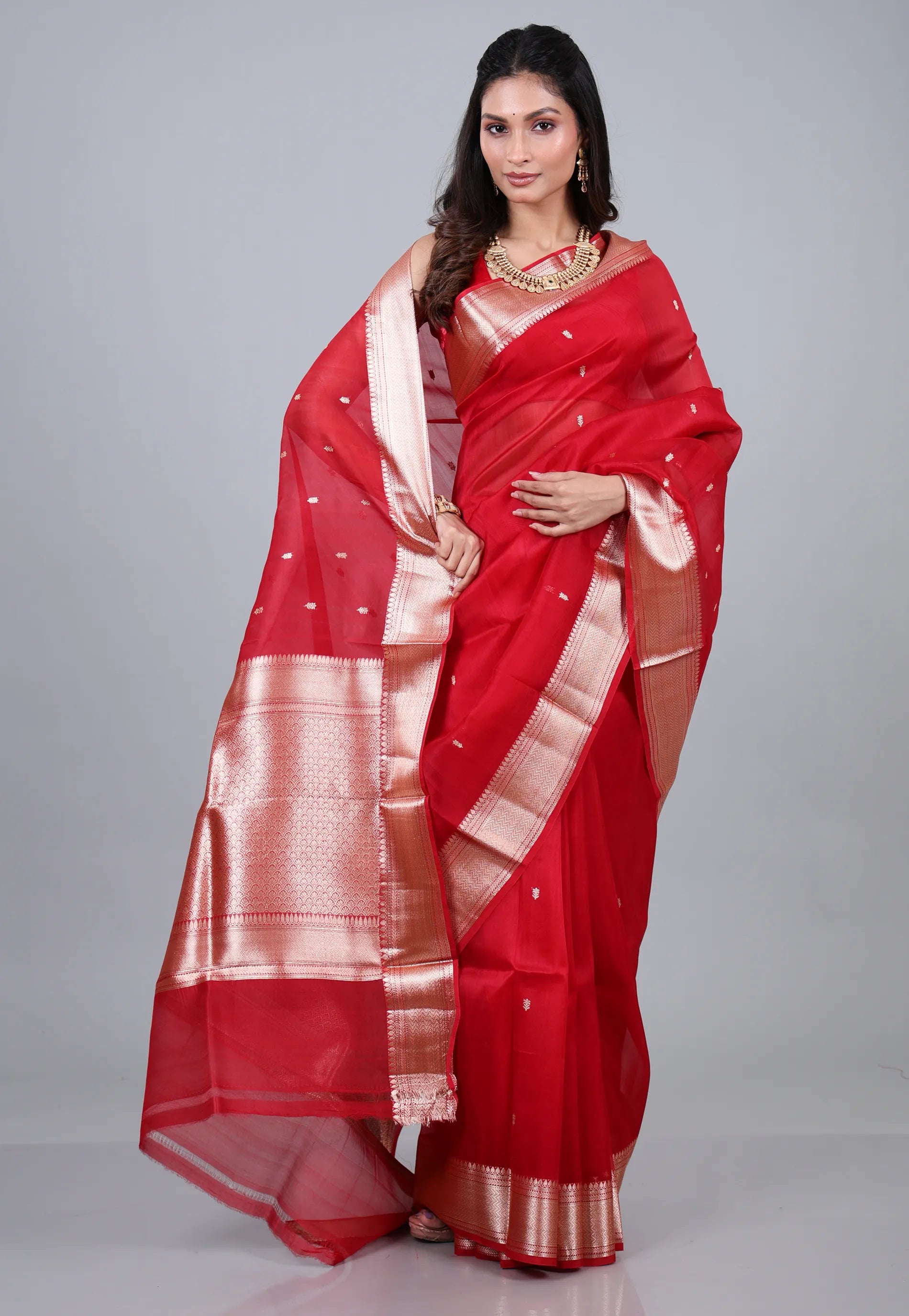 Red Pure Kora Silk Saree with Blouse Piece - Adi Akshoy & Co.